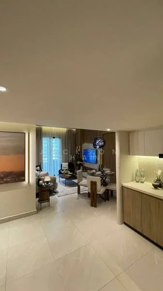 Living features: cream painted walls, white ceiling, marble tile flooring, floor-to-ceiling windows, sheer curtains, sofa in light fabric, wooden coffee table, TV console, decorative artwork, dining table with chairs, decorative accessories on console; style: modern; view: city.