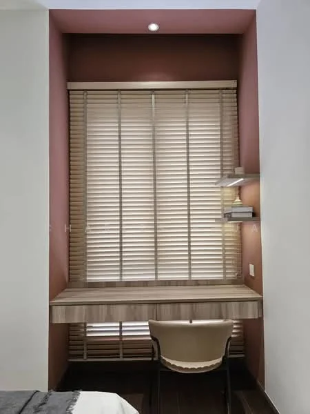 Study features: wooden desk, white chair, blinds on window, shelf with books, recessed lighting, brown accent wall, dark wood flooring; style: modern.