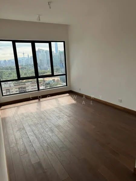 Room features: large floor-to-ceiling windows, wooden flooring, white painted walls, natural light, city skyline view; style: modern; view: city.