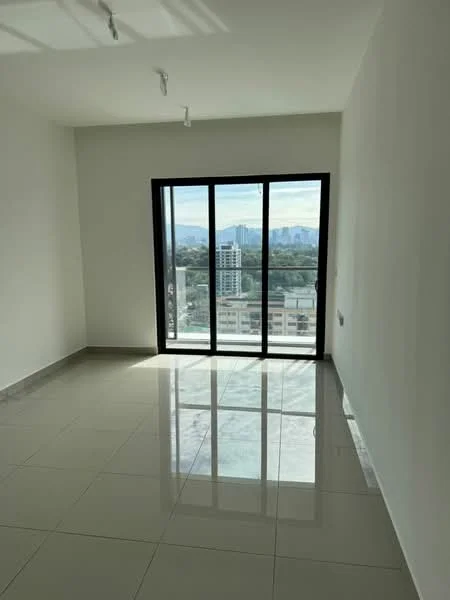 Room features: white painted walls, glossy ceramic tile flooring, floor-to-ceiling windows, black window frames, city skyline view, recessed ceiling lights; style: modern; view: city.