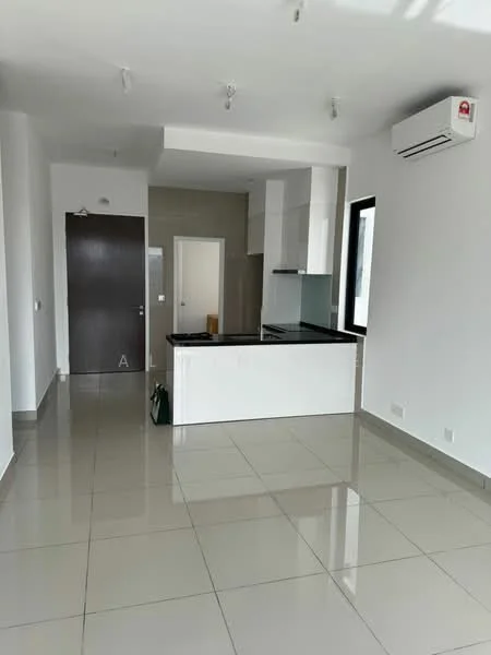 Living features: glossy ceramic tile flooring, white painted walls, recessed downlights, split air conditioning unit, kitchen island with black countertop, open layout, large window with natural light, neutral color scheme; style: modern.