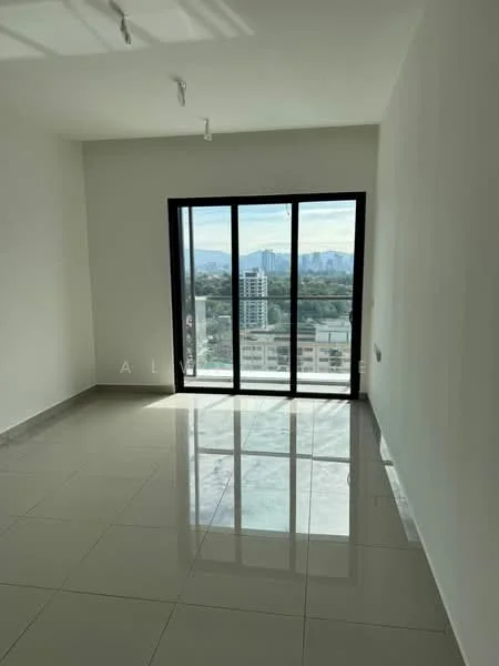 Room features: white painted walls, glossy ceramic tile flooring, floor-to-ceiling windows, sliding glass door, city view, recessed downlights, neutral color scheme, open layout; style: modern; view: city.