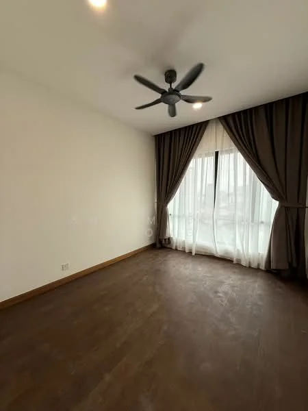 Bedroom features: wooden flooring, white painted walls, 5-blade ceiling fan, floor-to-ceiling windows, sheer curtains, dark brown curtains, natural light from window, minimalist design; style: modern.