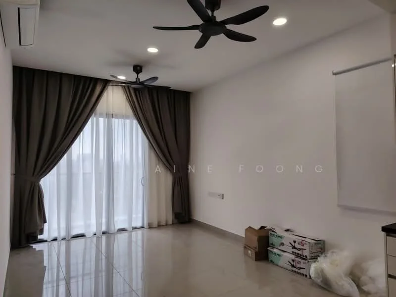 Room features: white painted walls, marble tile flooring, 2 ceiling fans, floor-to-ceiling windows with sheer curtains, curtains in beige, light fixtures in ceiling, boxes on the floor, decorative wall panel; style: modern.