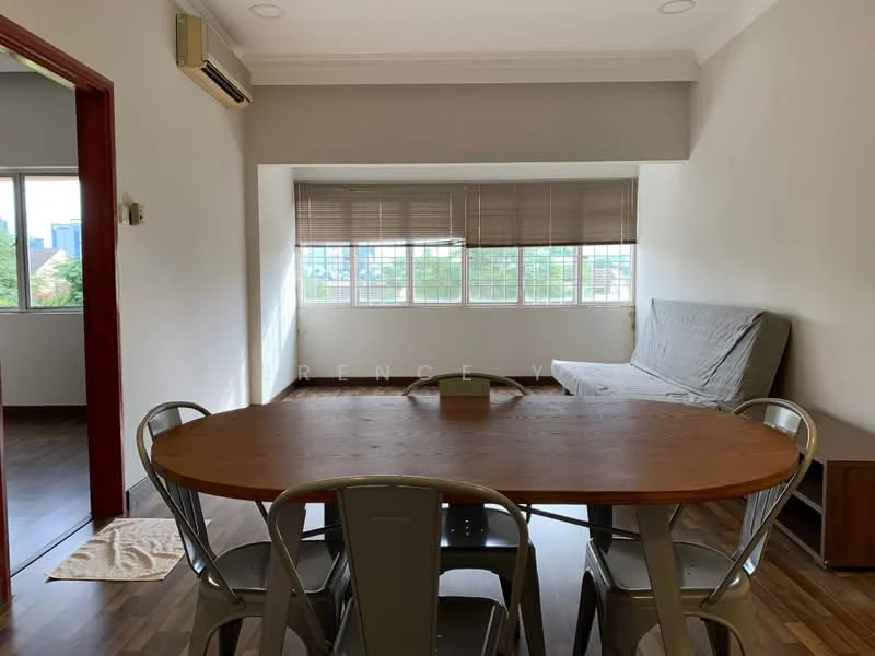 Dining features: round wooden dining table, 4 metal dining chairs, floor-to-ceiling windows, sheer curtains, wooden flooring, wall-mounted split AC, sofa bed, decorative wall shelf; style: modern; view: city.