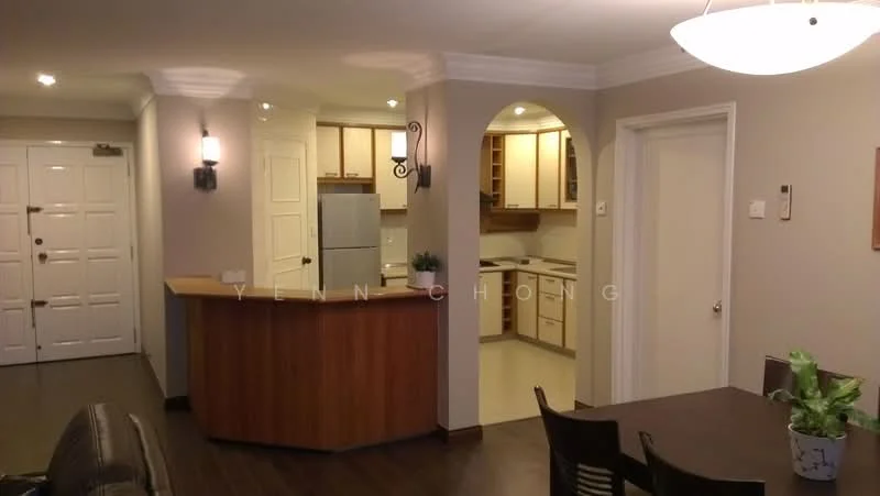 Dining features: dark wood dining table, four dining chairs, laminate flooring, wall-mounted light fixture, decorative plant on table, neutral wall colour, crown moulding, open layout to kitchen; style: modern. Kitchen features: stainless-steel fridge, built-in cabinetry, light-coloured countertops, ceramic tile flooring, kitchen island with breakfast bar, under-cabinet lighting, neutral wall colour, open layout to dining area; style: modern.