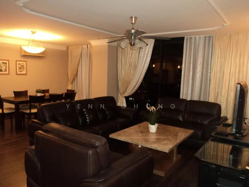 Living features: 3-seater leather sofa in dark brown, 2-seater leather sofa in dark brown, marble coffee table, ceiling fan with light, floor-to-ceiling windows, sheer curtains, dark wood flooring, decorative plant on coffee table, wall-mounted TV, dining table with 4 chairs visible in background, framed artwork on walls; style: modern; view: city.
