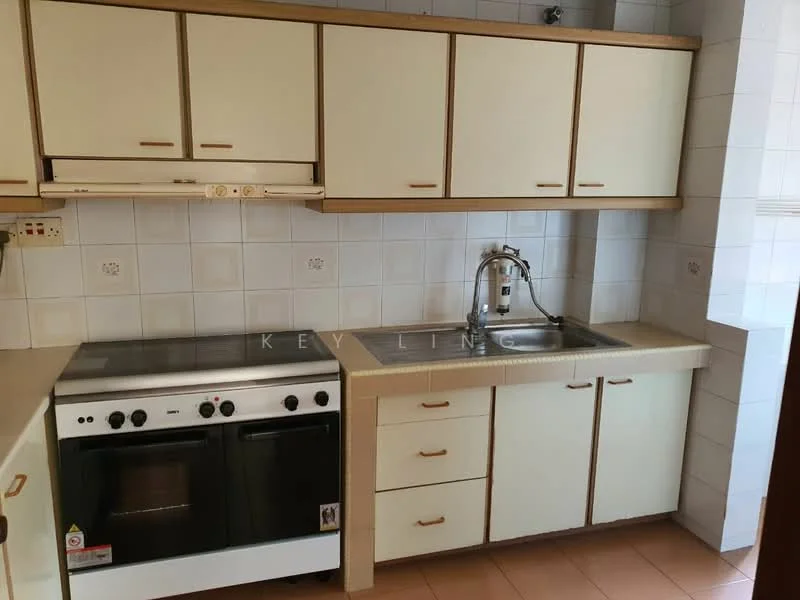 Kitchen features: white cabinetry with wooden handles, stainless-steel sink, chrome faucet, built-in oven, 4-burner gas hob, ceramic tile backsplash, light-colored countertop, wall-mounted range hood, tile flooring, wall tiles, under-cabinet lighting; style: modern.