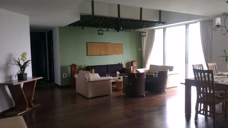Living features: wooden flooring, green accent wall, cream painted walls, sofa in beige fabric, 2-seater fabric sofa, 3-seater fabric sofa, wooden coffee table, wooden dining table, 4 dining chairs, floor-to-ceiling windows, sheer curtains, decorative wall art, ceiling lights, exposed ceiling beams; style: contemporary; view: city.