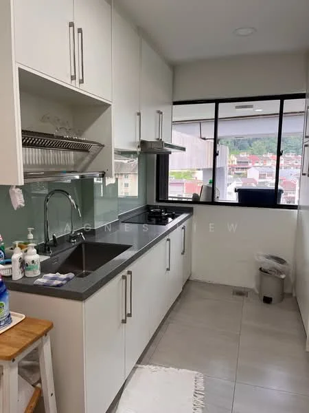 Kitchen features: white cabinetry, black countertop, single-bowl stainless-steel sink, chrome pull-down faucet, built-in gas hob, exhaust hood, grey tile backsplash, grey tile flooring, window with city view, open shelving, wooden stool, cleaning supplies on countertop; style: modern; view: city.