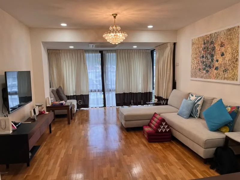 Living features: light wood flooring, white painted walls, chandelier, floor-to-ceiling windows, sheer curtains, blackout curtains, L-shape sectional sofa in light grey, decorative cushions in various colors, coffee table, wall-mounted TV, framed artwork, area rug with geometric pattern; style: contemporary.