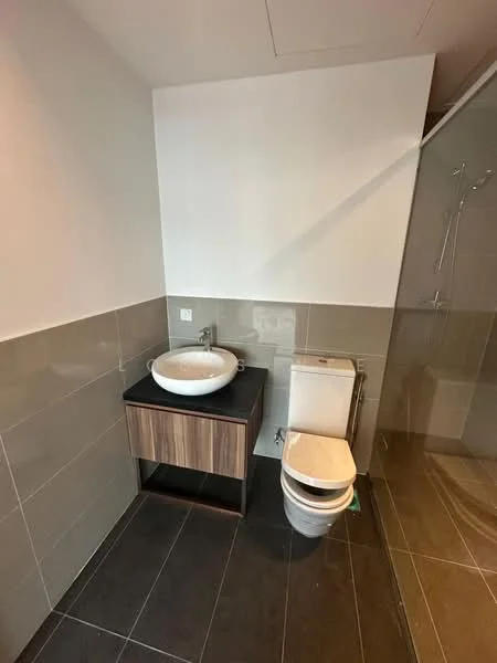 Bathroom features: single-sink vanity with wood cabinet, round vessel sink, chrome basin mixer faucet, one-piece toilet, glass shower enclosure, tile cladding on walls, dark tile flooring, light grey wall, recessed lighting; style: modern.