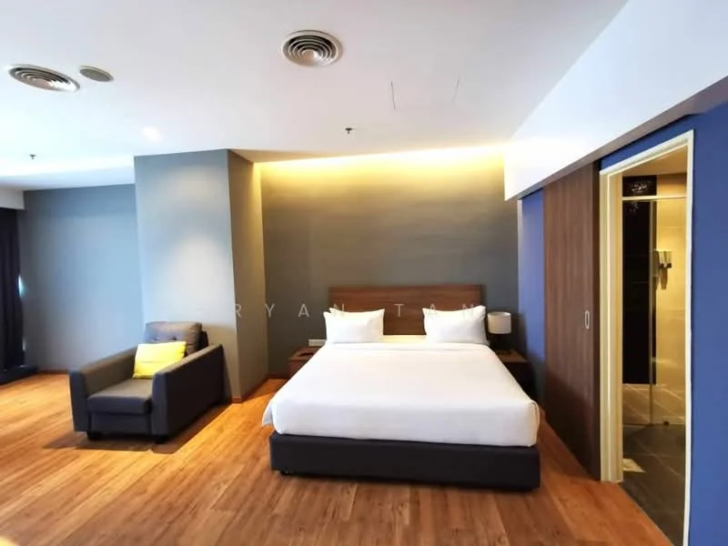 Bedroom features: king-size bed with white bedding, wooden headboard, upholstered armchair in grey, wooden flooring, recessed lighting, accent wall in blue, neutral painted walls, floor-to-ceiling windows with sheer curtains, built-in wardrobe with sliding doors, decorative wall paneling; style: modern.