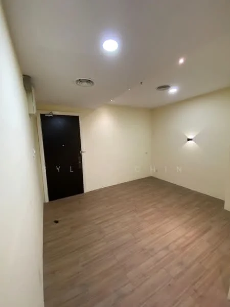 Room features: light beige painted walls, wooden flooring, recessed downlights, wall-mounted light fixture, single door, air conditioning unit; style: modern.