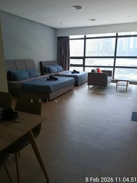 Living features: floor-to-ceiling windows, grey fabric sofa, two single beds with blue bedding, wooden dining table, four wooden dining chairs, light wood flooring, curtains, decorative cushions, city view; style: modern; view: city.