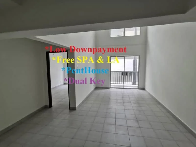 Room features: white painted walls, grey tiled flooring, large windows, balcony access, open layout, high ceiling, natural light, neutral color scheme; style: modern.