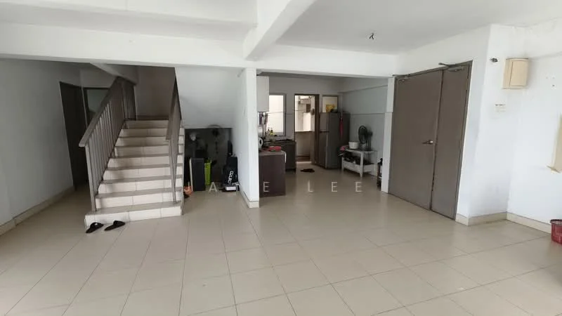 Room features: white painted walls, tile flooring, staircase with wooden railing, open layout, window with natural light, ceiling light fixture, door leading to another room, fan, empty space, no visible furniture; style: minimalist.