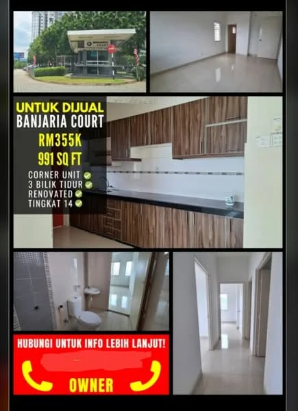 Floor plan: 3-bedroom 1-bathroom unit; features: corner unit, renovated, open-plan layout, living area, kitchen area, dining area, windows in all bedrooms, hallway, natural light, modern finishes, spacious rooms, neutral color palette.