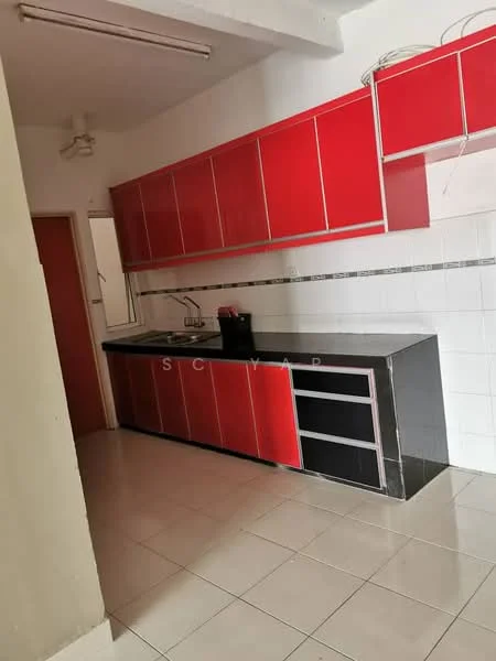 Kitchen features: red cabinetry, black countertop, stainless-steel sink, wall-mounted cabinets, tile backsplash, ceramic tile flooring, under-cabinet lighting, kitchen appliances visible; style: modern.