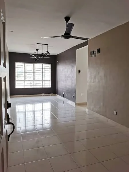 Living features: white painted walls, grey accent wall, glossy tile flooring, 5-blade ceiling fan, 3-blade ceiling fan, large windows with grid design, wall-mounted light fixture, open layout; style: modern.