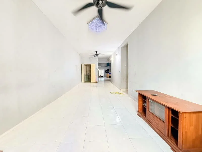 Living features: white painted walls, glossy white tile flooring, 2 ceiling fans, chandelier, wooden TV console, open layout, natural light from windows, neutral color scheme; style: modern.