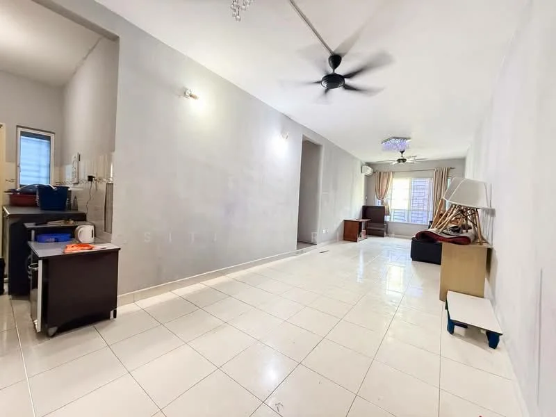 Living features: white painted walls, glossy white tile flooring, 5-blade ceiling fan, large windows with natural light, sofa, coffee table, TV console, decorative lamp, curtains, open layout, neutral color scheme; style: modern. Kitchen features: white cabinetry, countertop, sink, stainless-steel appliances, tile backsplash, open to living area; style: modern.