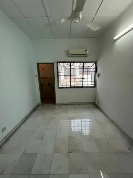 Room features: white painted walls, marble tile flooring, ceiling fan, window with grille, wall-mounted split AC, LED strip lighting, door leading to bathroom, light switch.