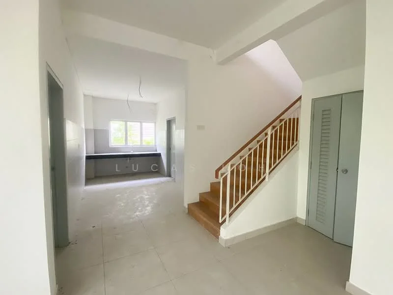 Room features: white painted walls, tile flooring, staircase with wooden steps, handrail, large windows, open layout, unfinished space, doorway to adjacent room.