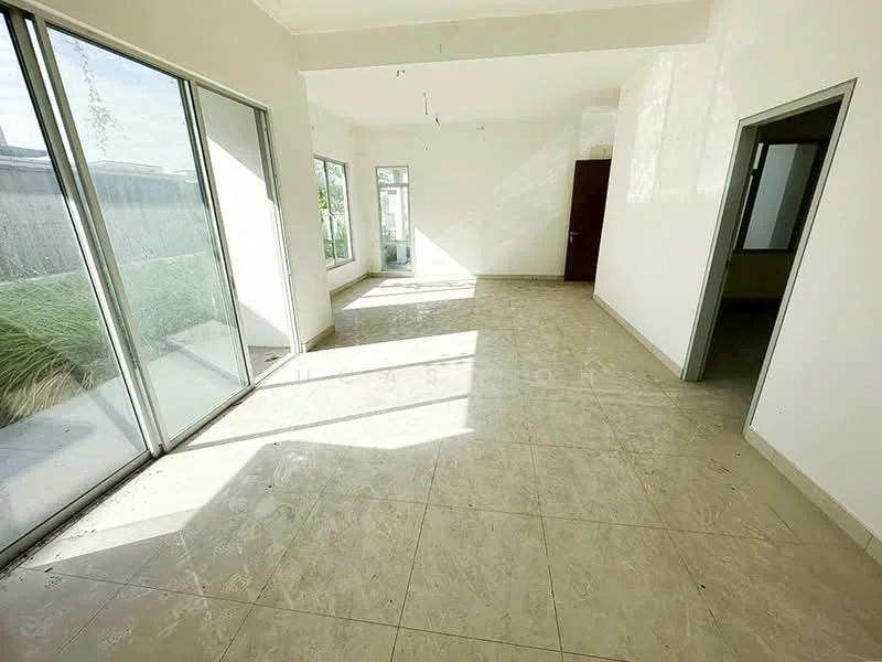 Room features: large floor-to-ceiling windows, white painted walls, light-colored tile flooring, high ceiling, natural light flooding in, open layout, sliding glass door, minimalist design; style: modern; view: garden.