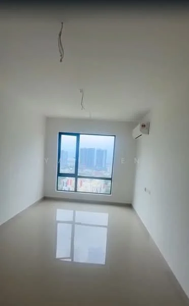 Room features: white painted walls, polished tile flooring, floor-to-ceiling window, city view, 1 wall-mounted split AC, unfurnished space, ceiling lights (wiring visible); style: modern; view: city.