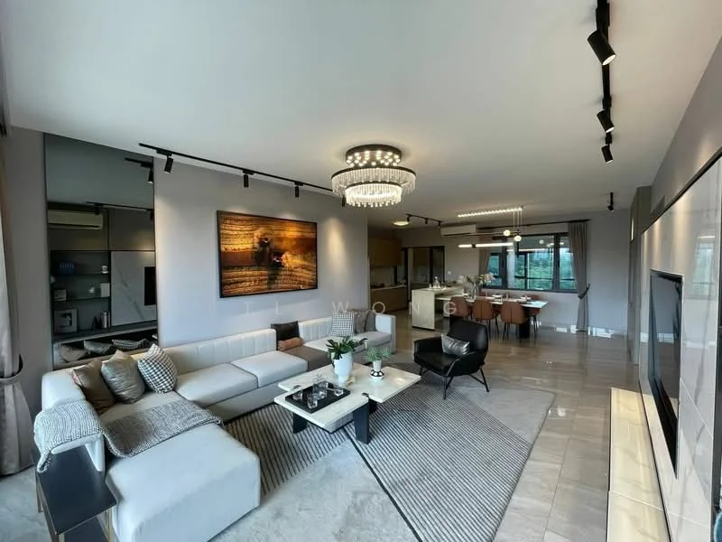 Living features: L-shape sectional sofa in white, black accent chair, coffee table with black top, area rug with geometric pattern, chandelier with multiple bulbs, recessed LED downlights, wall-mounted TV, decorative wall art, large window with city view, grey painted walls, tile flooring, open layout to dining area; style: modern; view: city.