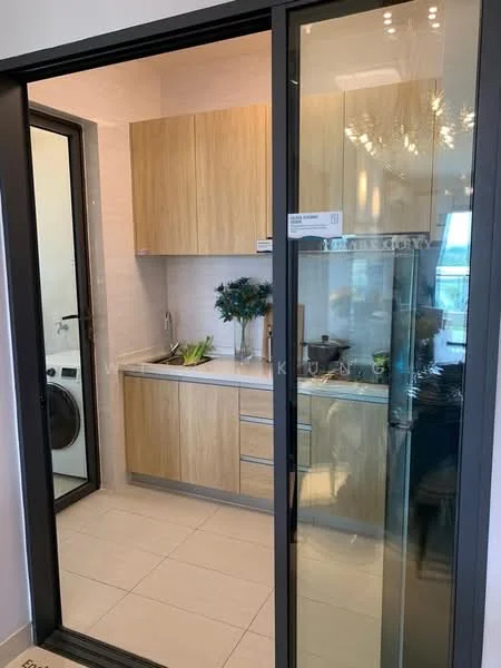 Kitchen features: light wood cabinetry, white countertop, stainless-steel fridge, built-in oven, ceramic tile flooring, single-bowl stainless-steel sink, chrome pull-down faucet, wall-mounted washing machine, recessed downlights, decorative wall art, open shelving, window with city view; style: modern; view: city.