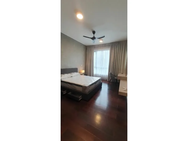 Bedroom features: king-size bed, upholstered headboard, 2 bedside lamps, floor-to-ceiling window, sheer curtains, wooden flooring, 5-blade ceiling fan with light, dressing table, chair, decorative wall, wall-mounted mirror; style: modern.