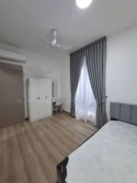 Bedroom features: wooden flooring, white painted walls, 5-blade ceiling fan with light, floor-to-ceiling window with sheer curtains, grey upholstered bed frame, white wardrobe, study desk with chair, decorative wall mirror; style: modern.
