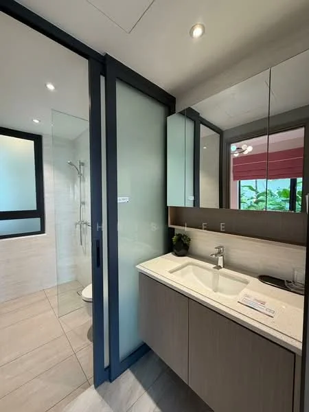 Bathroom features: glass shower enclosure, rain shower head, handheld shower, single-sink vanity with wood cabinet, chrome basin mixer faucet, framed mirror, white countertop, tile flooring, wall-mounted toilet, recessed downlights; style: modern.