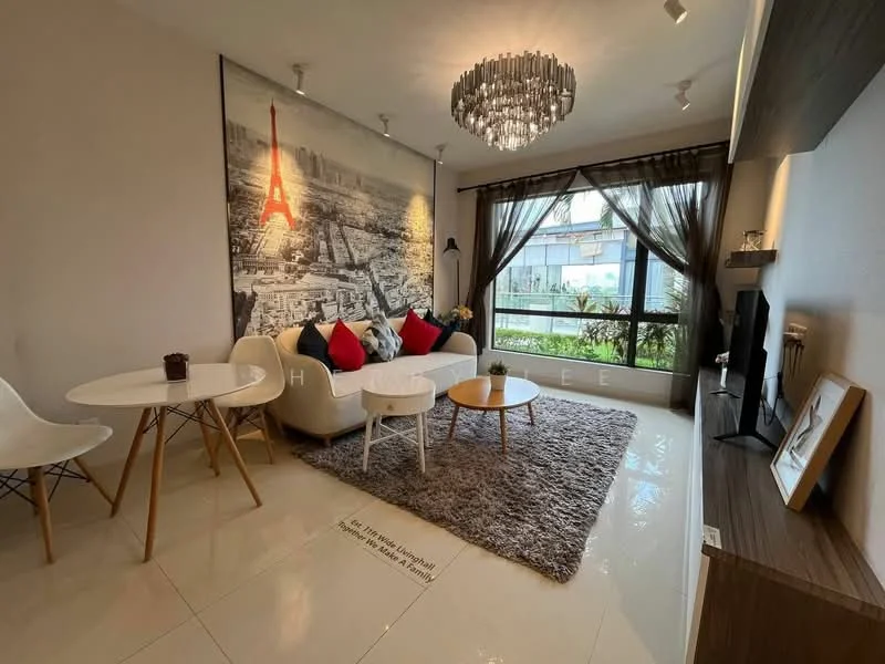 Living features: 3-seater fabric sofa in white, decorative cushions in red and blue, round white dining table, 4 white dining chairs, area rug with plush texture, chandelier with multiple bulbs, large window with sheer curtains, wall-mounted TV, wooden TV console, framed artwork of the Eiffel Tower, recessed lighting, cream painted walls, glossy tile flooring; style: modern; view: garden.