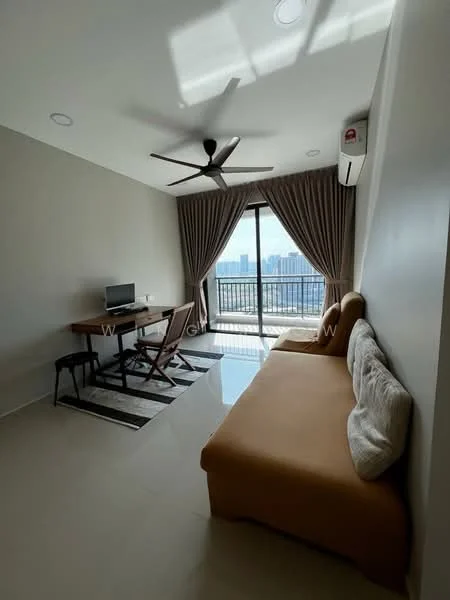 Living features: floor-to-ceiling windows, sliding glass door, curtains, 5-blade ceiling fan, wall-mounted air conditioning unit, sofa in beige, wooden desk, black dining chair, TV on console, area rug with geometric pattern, light-colored walls, glossy tile flooring; style: modern; view: city.
