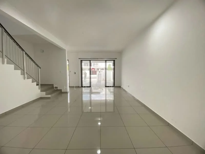 Living features: white painted walls, glossy ceramic tile flooring, large sliding glass door, recessed downlights, open layout, staircase with metal railing, natural light from windows, neutral color scheme; style: modern.