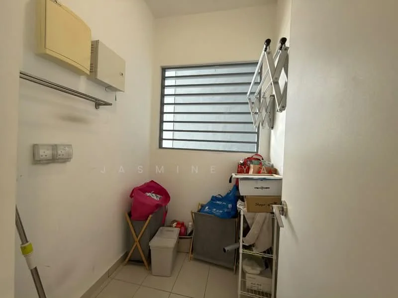 Laundry features: white painted walls, tile flooring, window with horizontal slats, wall-mounted storage cabinet, clothes drying rack, laundry basket, cleaning supplies, utility sink, electrical outlets.