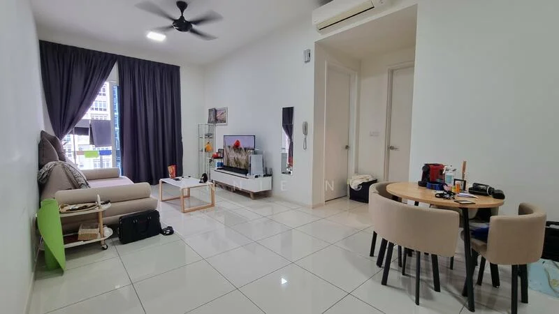 Living features: 3-seater fabric sofa in beige, coffee table, wall-mounted TV, TV console, area rug, floor-to-ceiling windows, curtains, ceiling fan, white painted walls, glossy tile flooring, decorative items on shelves, dining table with 4 chairs; style: modern; view: city.