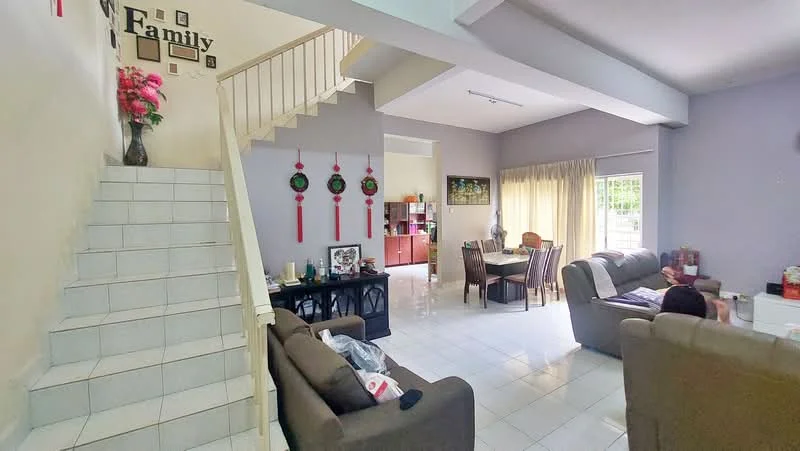 Living features: white painted walls, tile flooring, large windows with sheer curtains, sofa in beige fabric, coffee table, TV console, decorative wall art, area rug, dining table with chairs, open layout, staircase with white railing; style: modern. Room features: staircase with white tiles, decorative wall with family photos, wall-mounted decorations.