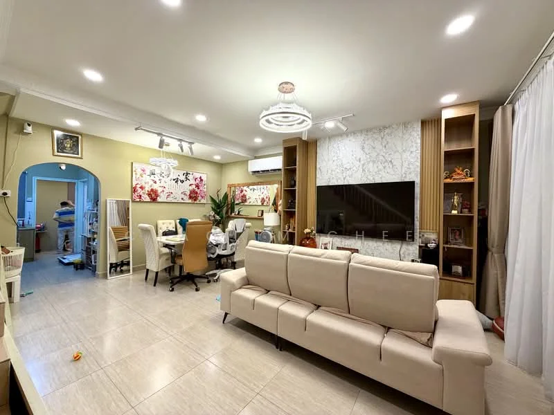 Living features: 3-seater fabric sofa in beige, wall-mounted TV, feature wall with stone cladding, recessed LED downlights, decorative ceiling light, wooden shelving unit, light-colored tiled flooring, large window with sheer curtains, decorative artwork on wall, potted plant, open layout to adjacent room; style: modern. Room features: office desk with ergonomic chair, bookshelves, additional seating area, open archway leading to another room.