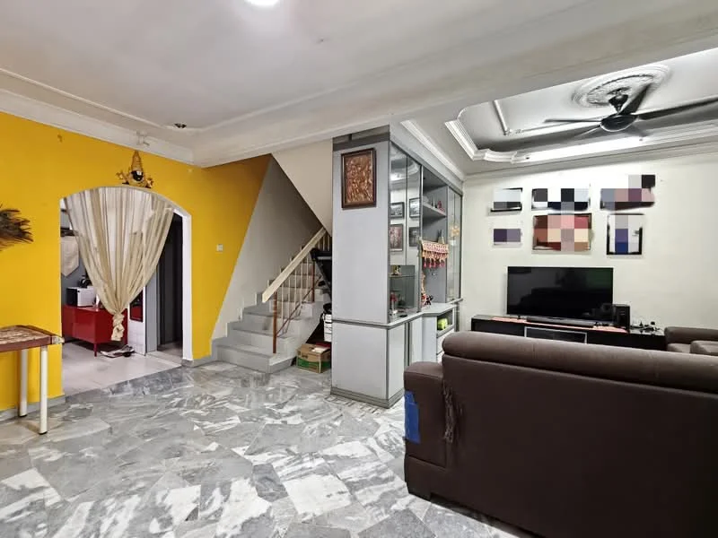 Living features: grey marble flooring, yellow painted accent wall, white painted walls, 5-blade ceiling fan with light, wall-mounted TV, entertainment unit, decorative artwork on wall, sofa in dark brown fabric, coffee table, open shelving unit, staircase leading to upper floor; style: contemporary. Room features: curtain draped doorway, staircase with wooden railing.