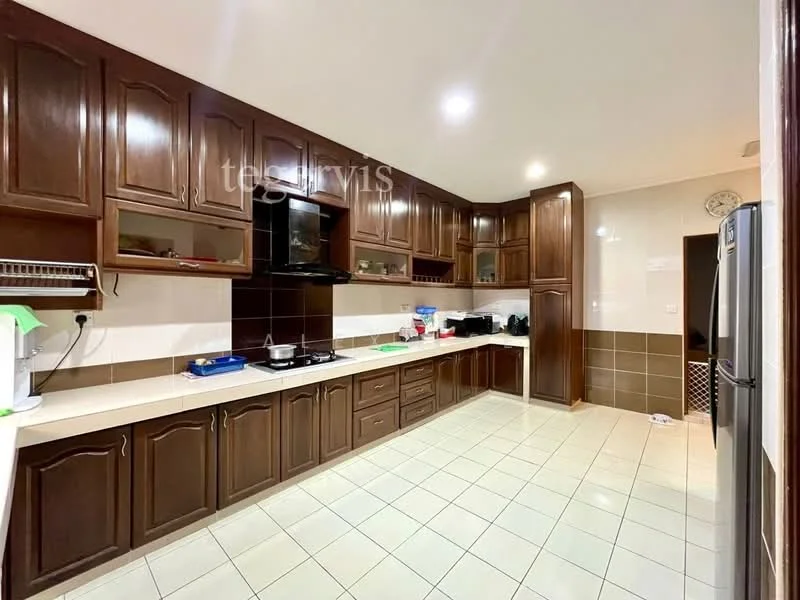 Kitchen features: brown wooden cabinetry, white countertop, stainless-steel sink, chrome pull-down faucet, built-in gas hob, black range hood, ceramic tile flooring, wall-mounted shelves, microwave, refrigerator, kitchen utensils, tile backsplash, under-cabinet lighting, window above sink; style: modern.