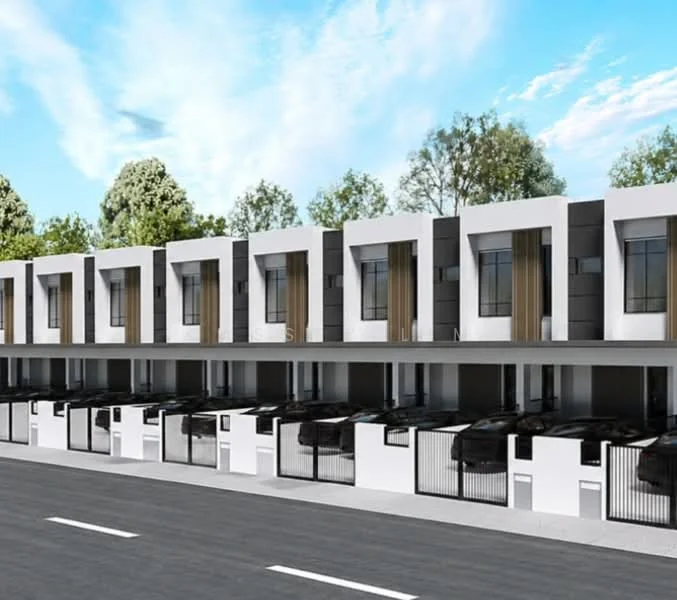 Exterior type: linked terrace house; features: modern facade with white and grey elements, multiple storeys, large windows with vertical wooden slats, covered car porches, gated entry, manicured landscaping with trees, asphalt road in front, clear blue sky, contemporary architectural design; style: modern.