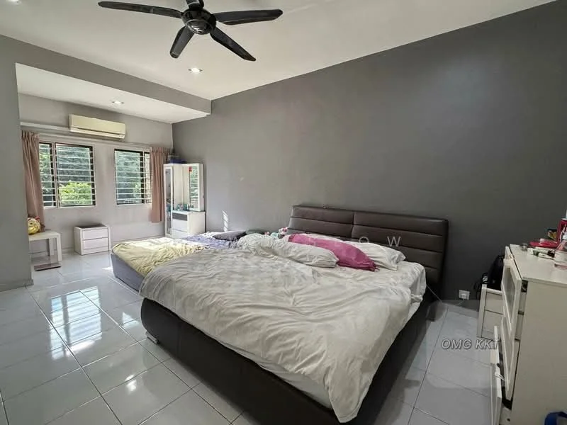 Bedroom features: king-size bed with upholstered headboard, white bedding, grey accent wall, white tiled flooring, floor-to-ceiling windows, sheer curtains, 2 bedside tables, built-in wardrobe, ceiling fan, air conditioning unit; style: modern; view: garden.