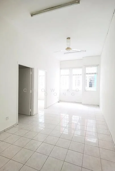 Room features: white painted walls, white ceiling, 5-blade ceiling fan, tile flooring, large windows, natural light, doorway to adjacent rooms, neutral color scheme; style: minimalist.