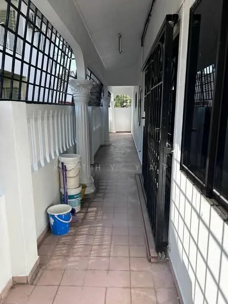 Exterior features: covered walkway, white painted walls, tiled flooring, security grilles, outdoor lighting, drainage pipe, water bucket, fenced area; style: modern.