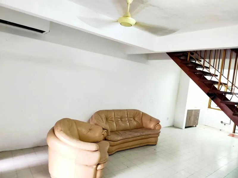 Living features: 2-seater leather sofa in beige, 3-seater leather sofa in beige, ceiling fan, wall-mounted split AC, white painted walls, tile flooring, staircase with wooden railing, natural light from windows.