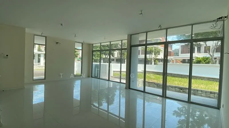 Living features: large floor-to-ceiling windows, white painted walls, glossy white tile flooring, recessed downlights, sliding glass door, open layout, view of garden, natural light flooding the space; style: modern; view: garden.
